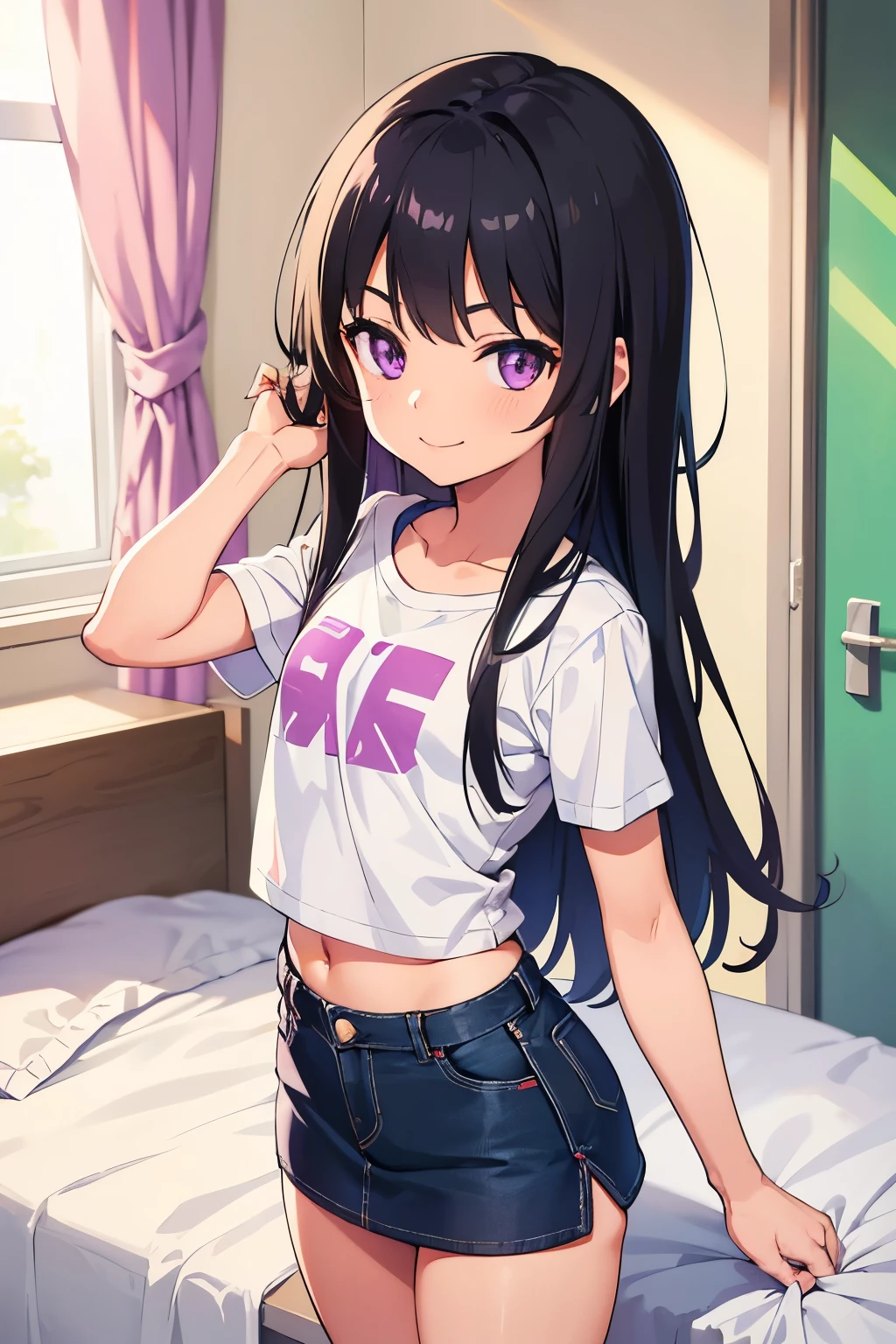 Elementary school girl, Flat chest, black hair, long hair, purple eyes White large short-sleeved T-shirt on the upper body White panties on lower body((I can see her panties)) barefoot Girl's Room On the bed holding the hem of the shirt Sitting Dynamic angle Low angle