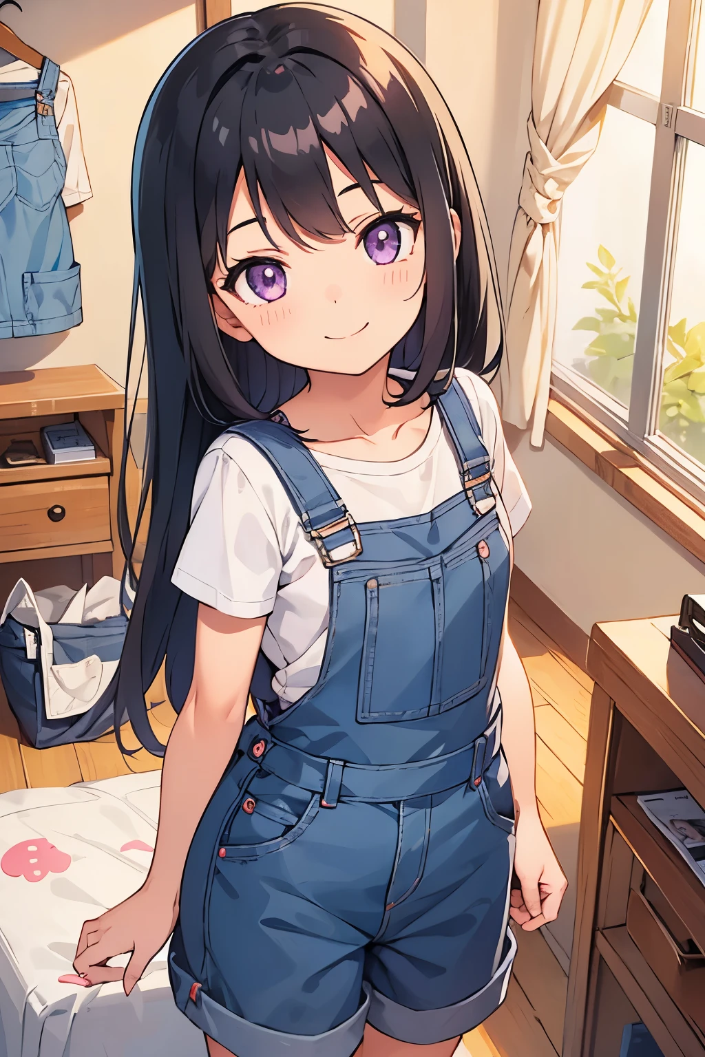 Elementary school student, , toddler, flat chest, black hair 　 straight long hair　Purple Eyes　Smile　（（One person））　 short sleeve t-shirt 　Skirt with denim overalls　 girl's room　 standing 　 Dynamic Angles  　Low angle