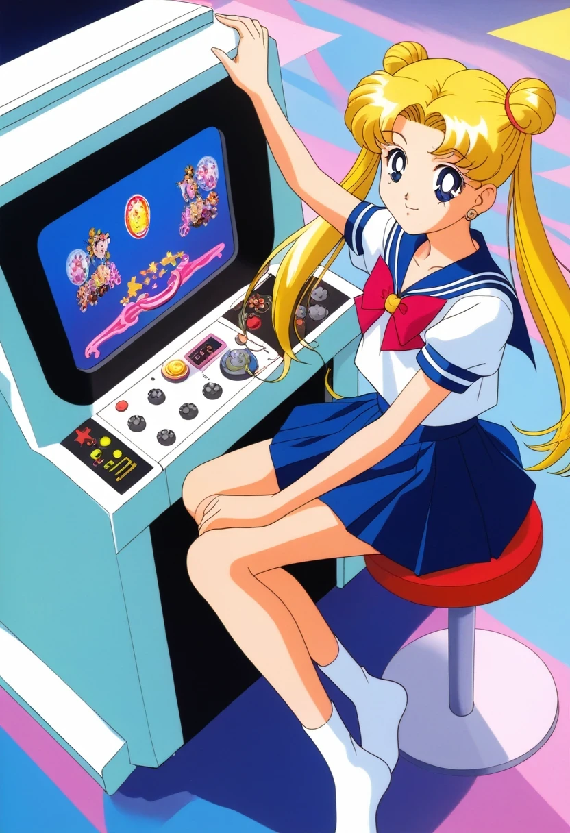 score_9,score_8_up,score_7_up,score_6_up,score_5_up,score_4_up,source_anime,
(masterpiece,highest quality,Super detailed,8k,High resolution,an extremely delicate and beautiful,Official Art,Perfect Anatomy:1.5),((90s anime,90s anime style,Cel-shaded anime,anime screencap,anime coloring:1.25)),(solo:1.5),
perfect face,beautiful,sexy,athletic body,shiny skin,
((aausagi:1.52)),double bun,twintails,long hair,blonde hair,parted bangs,blue eyes,school uniform,serafuku,pleated skirt,shoes,socks,bowtie,blue sailor collar,red bow,blue skirt,
 (arcade machine amusement park background , (blur background) , arcade machine) , arcade game center background , crowd , she (play arcade machine) , excited behavior , (look towards the viewer)