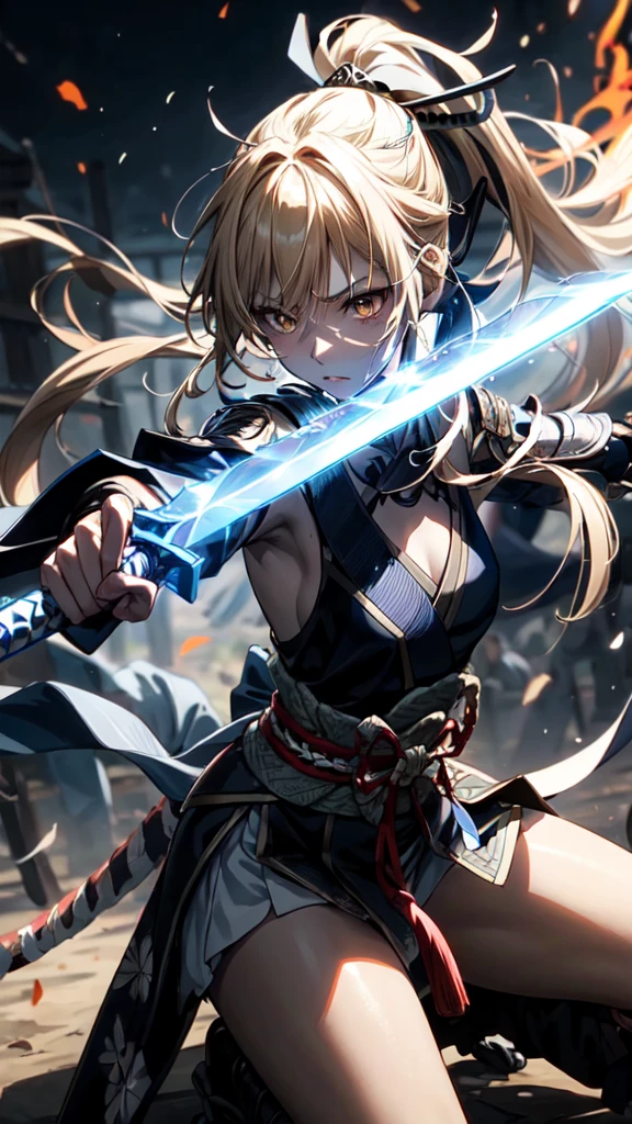 One Girl,anime,Anatomically correct, A series of character actions,,ponytail, masterpiece, Textured Skin, Action Painting, Heavy makeup, Brown Skin,Perfect Face,Perfect Eyes,samurai,samurai,Sengoku Warlordsの鎧,Waist Armor,A blow with a sword,Small breasts,Thin thighs,Combat with enemies,Calm expression,Flame Attribute,Yellow Hair,Sengoku Warlords,Battle of Sekigahara,Glowing sword effect,transparent sword