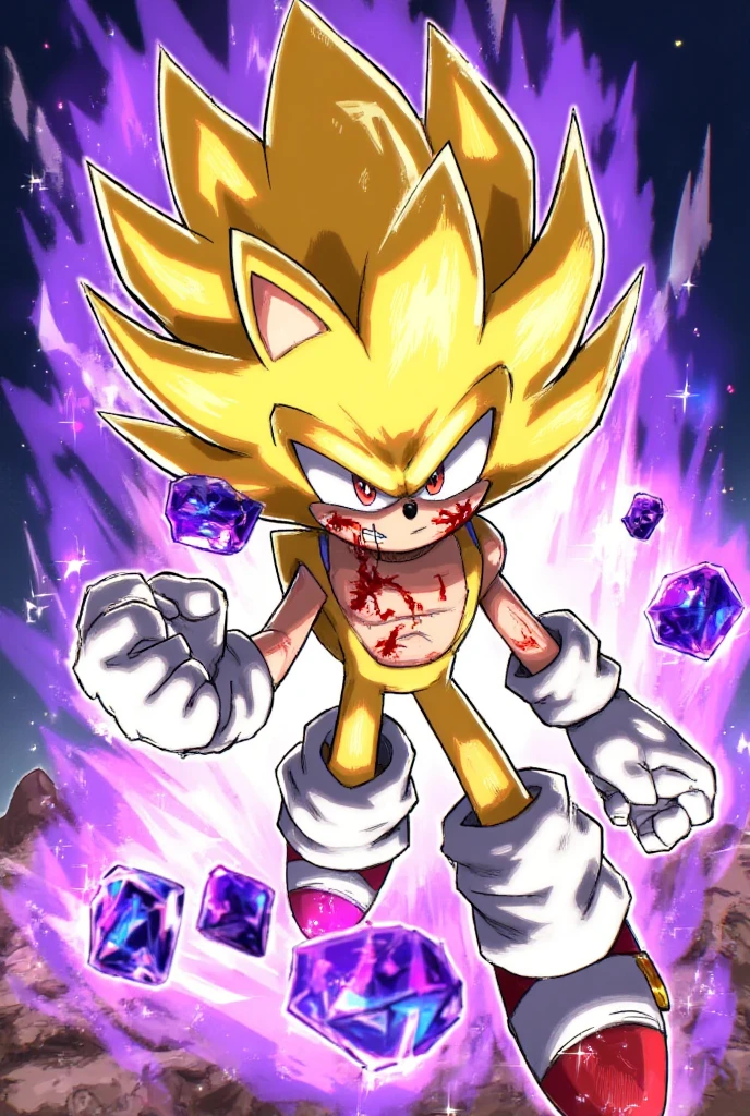 tkht 9315. The image is a digital drawing in a vibrant, dynamic anime style. SSONIC, furry male, yellow fur, red eyes, white gloves. Create a digital drawing of Super Sonic, a furry male character with yellow fur, red eyes, and white gloves. The character should appear injured with visible blood on his face. Super Sonic’s expression should convey a mix of pain and determination. Surround him with glowing purple crystals to add an element of mystique and intensity to the scene. The background should be simple yet complement the dramatic scene, perhaps a battle-torn landscape or a dark, stormy sky to enhance the feeling of intensity. The overall mood should be powerful and emotional, highlighting Super Sonic’s resilience despite his injuries. stylized design.



