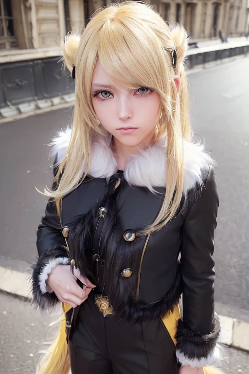 Pokemon Cynthia,  blond hair,  Hair Ornament, (Hair in front of you:1.5), Long Hair, (Yellow Eyes:1.5), smile, break black Coat, black pants, black shirt, Coat, Fur Collar, Fur trim, fur-trimmed sleeves, pants, shirt, break looking at viewer,  upper body, Full Body, ( cowboy shot:1.5), break outdoors, nature, null, break (masterpiece:1.2),  best quality ,  Kampala,  unity 8k Wallpaper  , (Illustration:0.8), (  in fluffy fur on the streets of Paris :1.6),  extremely delicate face, perfect lighting,  very detailed CG, (Perfect hands,  perfect anatomy), teenager,