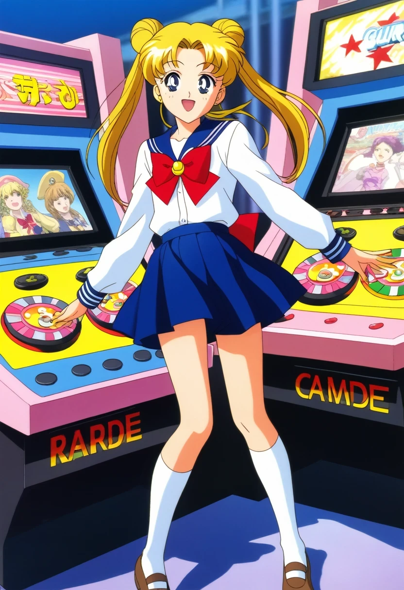 score_9,score_8_up,score_7_up,score_6_up,score_5_up,score_4_up,source_anime,
(masterpiece,highest quality,Super detailed,8k,High resolution,an extremely delicate and beautiful,Official Art,Perfect Anatomy:1.5),((90s anime,90s anime style,Cel-shaded anime,anime screencap,anime coloring:1.25)),(solo:1.5),
perfect face,beautiful,sexy,athletic body,shiny skin,
((aausagi:1.52)),double bun,twintails,long hair,blonde hair,parted bangs,blue eyes,school uniform,serafuku,pleated skirt,shoes,socks,bowtie,blue sailor collar,red bow,blue skirt,
 (arcade machine amusement park background , (blur background) , arcade machine) , arcade game center background , crowd , she (play arcade machine) , excited behavior , (look towards the viewer)