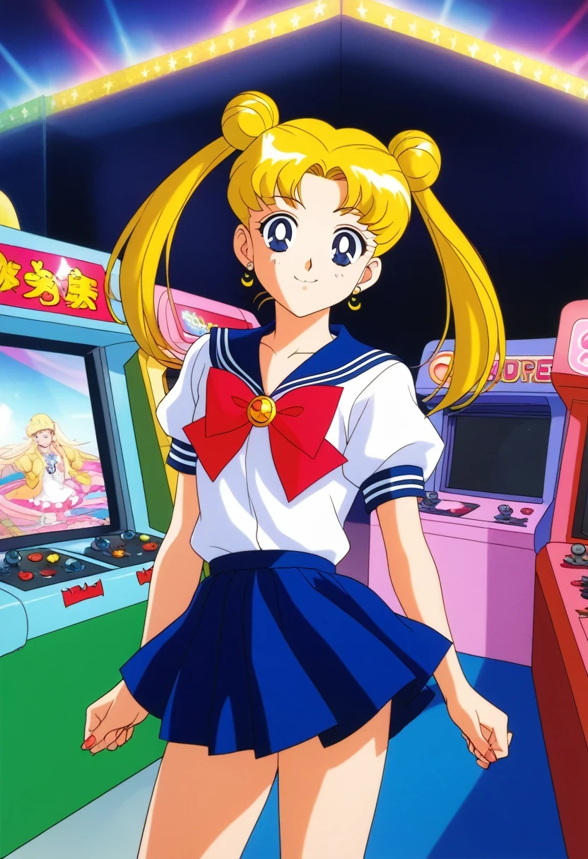 score_9,score_8_up,score_7_up,score_6_up,score_5_up,score_4_up,source_anime,
(masterpiece,highest quality,Super detailed,8k,High resolution,an extremely delicate and beautiful,Official Art,Perfect Anatomy:1.5),((90s anime,90s anime style,Cel-shaded anime,anime screencap,anime coloring:1.25)),(solo:1.5),
perfect face,beautiful,sexy,athletic body,shiny skin,
((aausagi:1.52)),double bun,twintails,long hair,blonde hair,parted bangs,blue eyes,school uniform,serafuku,pleated skirt,shoes,socks,bowtie,blue sailor collar,red bow,blue skirt,
 (arcade machine amusement park background , (blur background) , arcade machine) , arcade game center background , crowd , she (play arcade machine) , excited behavior , (look towards the viewer)