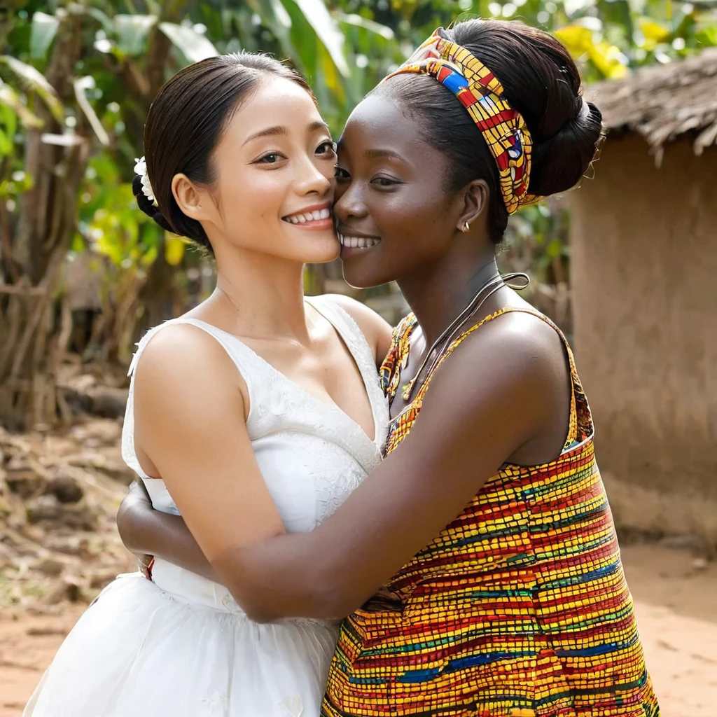 Ishihara Satomi, a Ghanaian woman with dark brown skin, became the wife of an elderly village elder and spent her whole life as a black Ghanaian wife、The woman is hugging and kissing an elderly village elder、((Best Quality)), ((masterpiece)), ( Details), （ perfect face）, The dark-brown-skinned woman is Ishihara Satomi, a Ghanaian with excellent proportions and big breasts, is thoroughly educated in a Ghanaian village and is completely finished physically and mentally as a Ghanaian woman with Ghanaian folk costumes and accessories, and her hair is tied in blazes、A black woman with dark brown skin smiles gently 