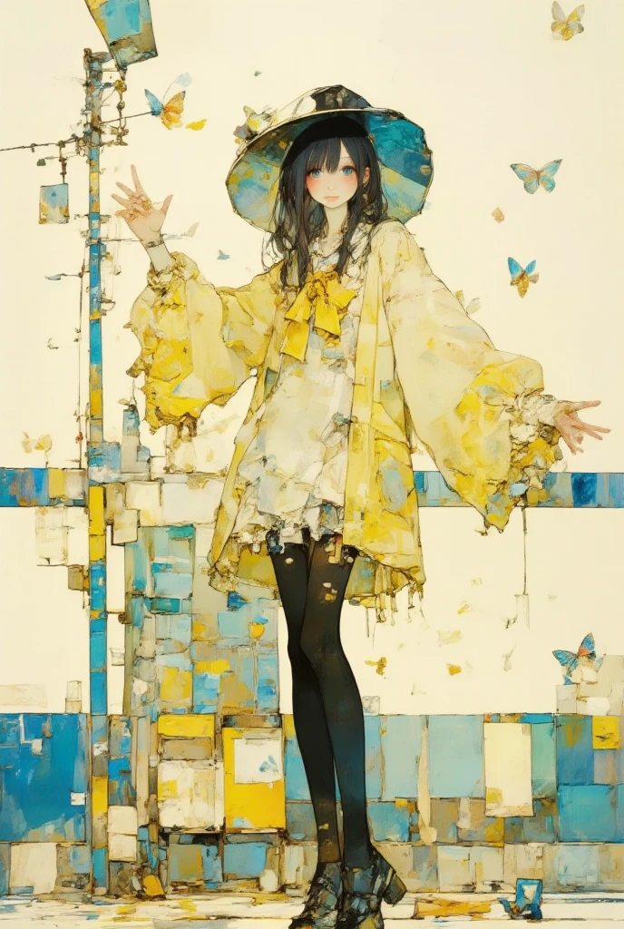 there are a lot of small butterflies around the girl in the painting, 1girl, solo, hat, yellow shirt, komeiji koishi, bug, butterfly, frills, shirt, third eye, black headwear, yellow bow, hat bow, bow, long sleeves, wide sleeves,open arms, Maximum facial details, Maximum detailed textures, Maximum detailed shadows, Maximum detailed backgrounds,bioluminescence, ,bioluminescence,ima_AI123,anne freaks style,tokiame,traditional japanese art, fighting stance,magazine art work, desaturate,faded art, Faded oil painting, sketch
