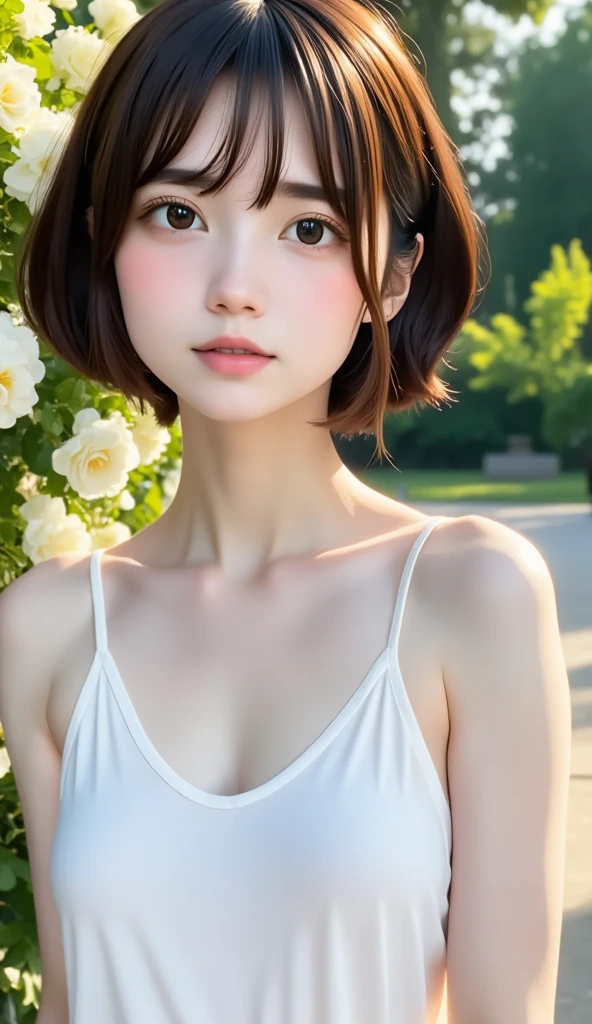 (masterpiece, Best Quality:1.2), Japanese、One Girl, , cute, Expressionless, Alone, Small Nose, Small red cheeks and nose, 非常にcute表情,  short bob,Wavy Hair、  flat chest、whiteＴshirt、nipple、erect nipple 、blurred background、garden、Promenade、Florid