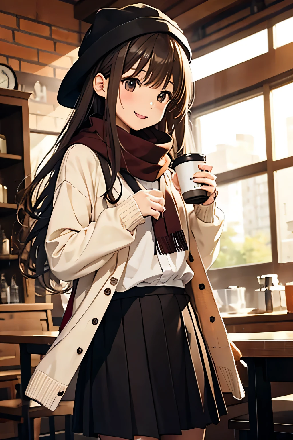  1 girl , 秋の紅leaf, bangs,  black headwear , Blurred Background, ,  Brown Eyes , Brown Hair, brown scarf, brown skirt,  cardigan, coffee,  cowboy shot, cup, disposable cup, [drink, 落ちleaf, Beanie, holding, holding [drink, leaf, Long Hair,  Long Sleeve ,  staring at viewers , open  cardigan,  opens her mouth, Check pattern, Check pattern skirt, puffy  Long Sleeve , red sweater, scarf, shirt, shirt tucked in,  side lock, skirt, smile, Alone, sweater, white shirt,  very detailed, Complex, masterpiece, Absurd
