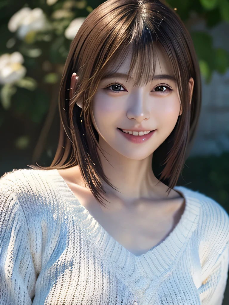 1 Japanese girl,(White sweater:1.4), (RAW Photos, highest quality), (Realistic, Realistic:1.4), Tabletop, Very delicate and beautiful, Very detailed, 8k wallpaper, wonderful, In detail, Very detailedなCG Unity, High resolution, Soft Light, Beautiful details 19 years old, Very detailedな目と顔, Beautiful and sophisticated nose, Beautiful details,Cinema Lighting,Perfect Anatomy,Slender body,smile  (Asymmetrical bangs,)