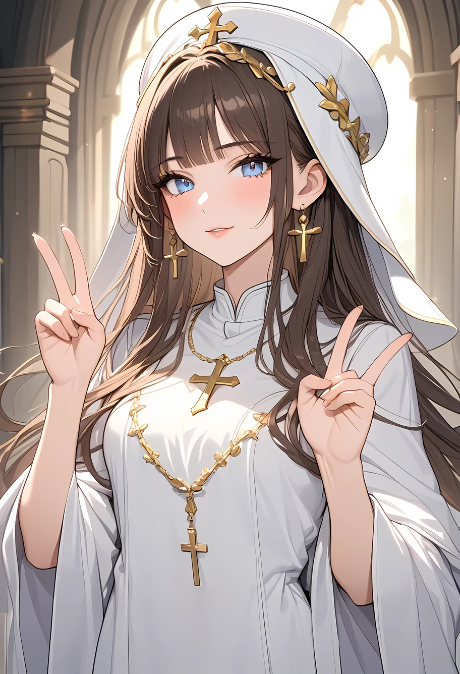 (((Best quality, 8k, Masterpiece: 1.3)), ((best quality)), ((masterpiece)), (detailed), perfect face, high detailed fingers, brown hair, long hair, tokin hat, tiara, Saint Lucia, Priest, Both hands making a V sign, White robe, Big cross necklace, gold cross, Clerical clothing