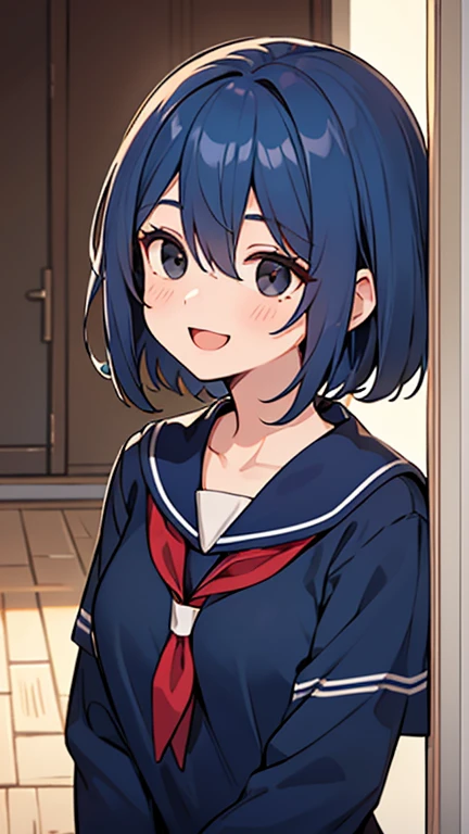 ((Woman with navy blue hair and black eyes)),((Dressed like a navy blue college student . )),bangs, Head between eyes ,Laughter in the eyes , smiling loudly