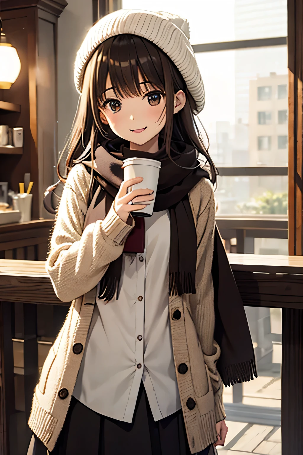  1 girl , 秋の紅leaf, bangs,  black headwear , Blurred Background, ,  Brown Eyes , Brown Hair, brown scarf, brown skirt,  cardigan, coffee,  cowboy shot, cup, disposable cup, [drink, 落ちleaf, Beanie, holding, holding [drink, leaf, Long Hair,  Long Sleeve ,  staring at viewers , open  cardigan,  opens her mouth, Check pattern, Check pattern skirt, puffy  Long Sleeve , red sweater, scarf, shirt, shirt tucked in,  side lock, skirt, smile, Alone, sweater, white shirt,  very detailed, Complex, masterpiece, Absurd
