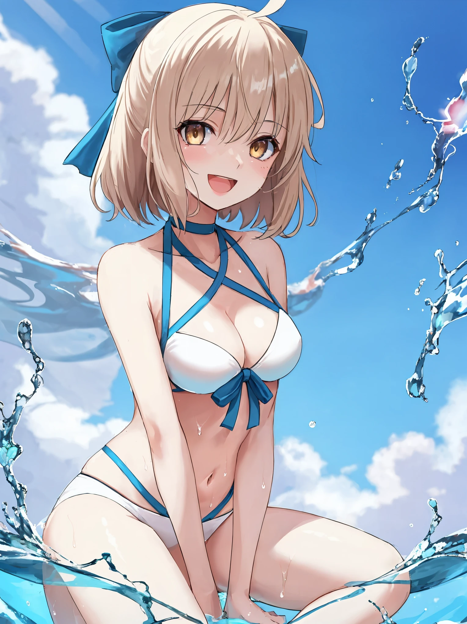 top-quality、extremely delicate and beautiful、Soio、Soio、8-year-old little girl、japanes、Lori、Chiquita、elementary student、A dark-haired、((white and blue leotard))、（highleg）、Tiara on the head、A smile、is standing、Facing the front、