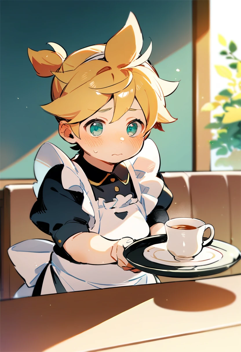 anime style, one boy, male child, cute, Kagamine Len, chubby body, maid clothing, black tight, embarrassed, serving in a cafe