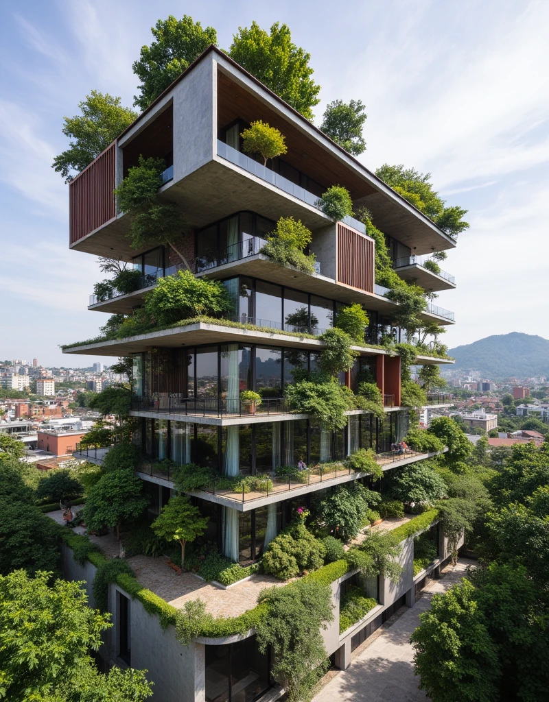 Give me a drawing of references to living from a volumetric architectural perspective but very much from the 21st century with ventilation and lighting that gives priority to vegetation within a dense and urban city with spaces typical of a Bogotá city with a human scale.