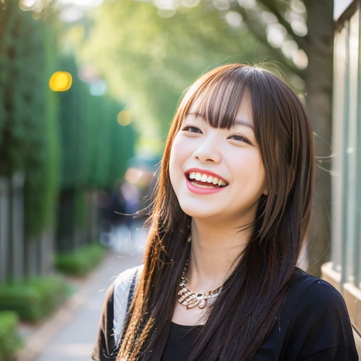 Urban Oasis Park, One Japan Girl, Laughing with White Teeth, Conversing with Female Friends, Necklace, Long False Eyelashes, Strolling, Brown Hair, Bangs, Braided Ponytail, Surrealism, Verism, Movie Lighting, First Person View, Sony FE GM, f/16, UHD, Anatomically Correct, Masterpiece, High Definition, 16k