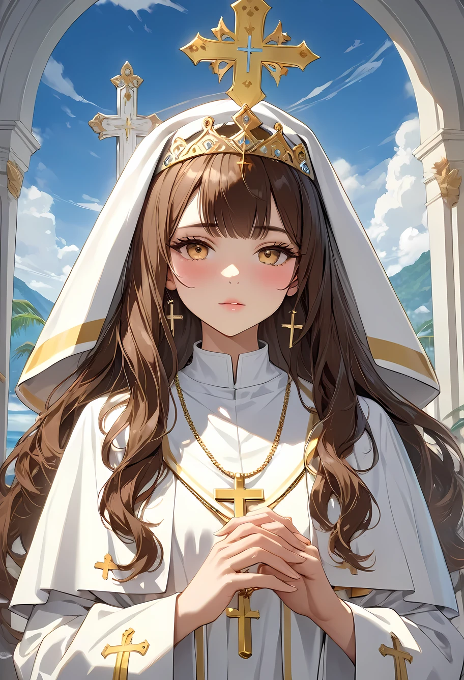 (((Best quality, 8k, Masterpiece: 1.3)), ((best quality)), ((masterpiece)), (detailed), perfect face, high detailed fingers, brown hair, long hair, tokin hat, tiara, Saint Lucia, Priest, White robe, Big cross necklace, gold cross, Clerical clothing