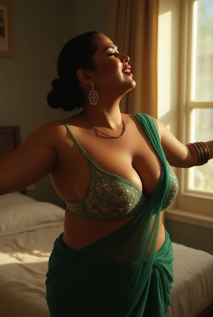  a woman padded different bra and saree,big cheeks, curvy, hourglass figure, swooping breasts, deep cleavage, open arms, sexy armpits,big penis, nipples, ass, necklace, (cinematic:1.3), intricate details, (ArtStation:1.2)
