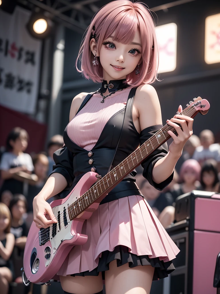 8k, Best Quality, The real picture,  complicated details, Very detailed,  super high definition, Depth Field, ( realistic, realistic),  table top to cover upper arms, (( shot above the knee)), ((((Standing and playing an electric guitar)))), ((( 1 girl))), eye_Chan,  so beautiful, innocent big eyes, Beautiful breasts, 非常に詳細なeye, (Beautiful breasts), (( pink hair)), ( short bob hair), (Asymmetrical bangs), Perfect Skin, Fair skin, Small breasts, Tight waist, Alone,  staring at viewers , (smile), (( goth fashion )), (black pleated mini skirt), (Standing in the concert hall )