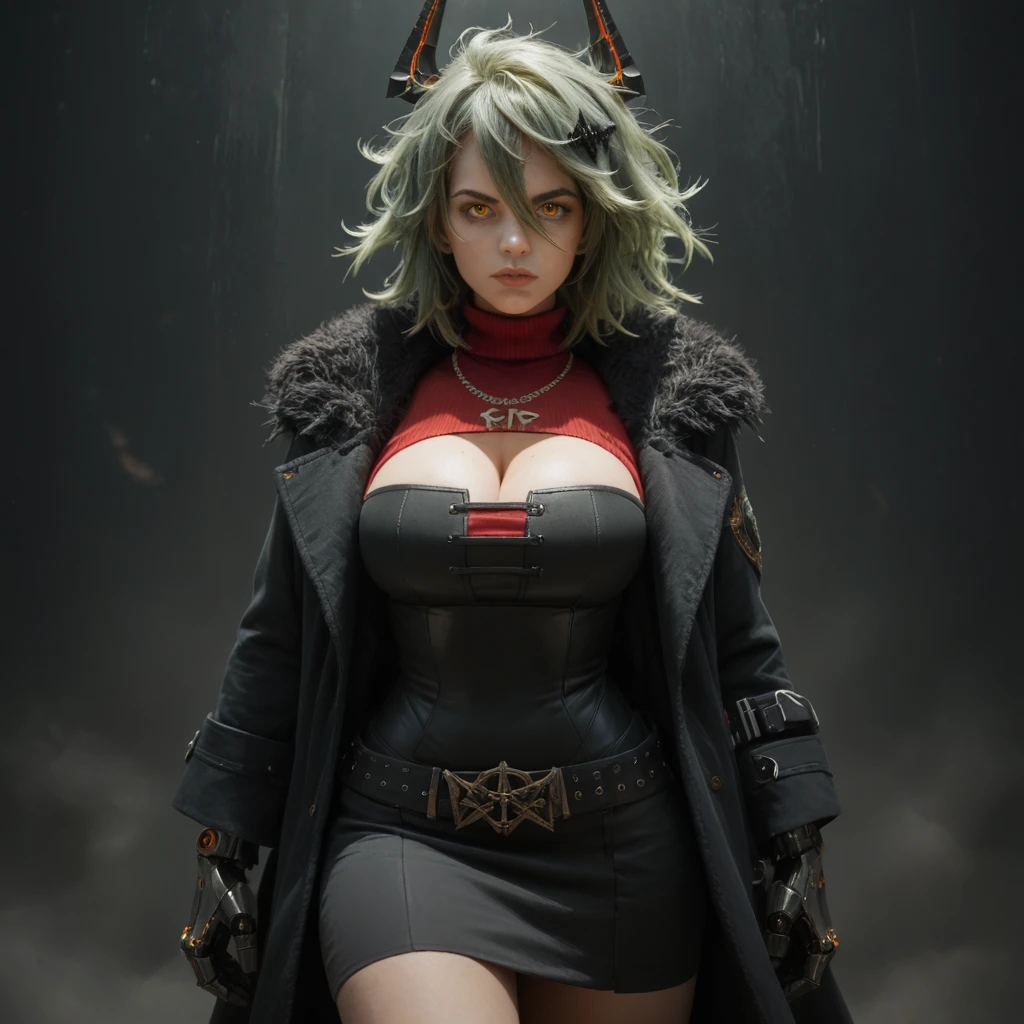 Caesar King ,  zona zenless zero ,   gray green hair  , Big hair, messy hair,  hair between eyes,  ingestion of hair , medium hair, amber eyes, black horns, mechanical horns , hair ornament,   robotic left arm ,   BIG BREASTS, narrow waist,   wide hips , belt,  thighs, Fur trim, black gloves, black coat, skirt, black dress, red turtleneck,  cleavage, breastplate,   word necklace KING ,