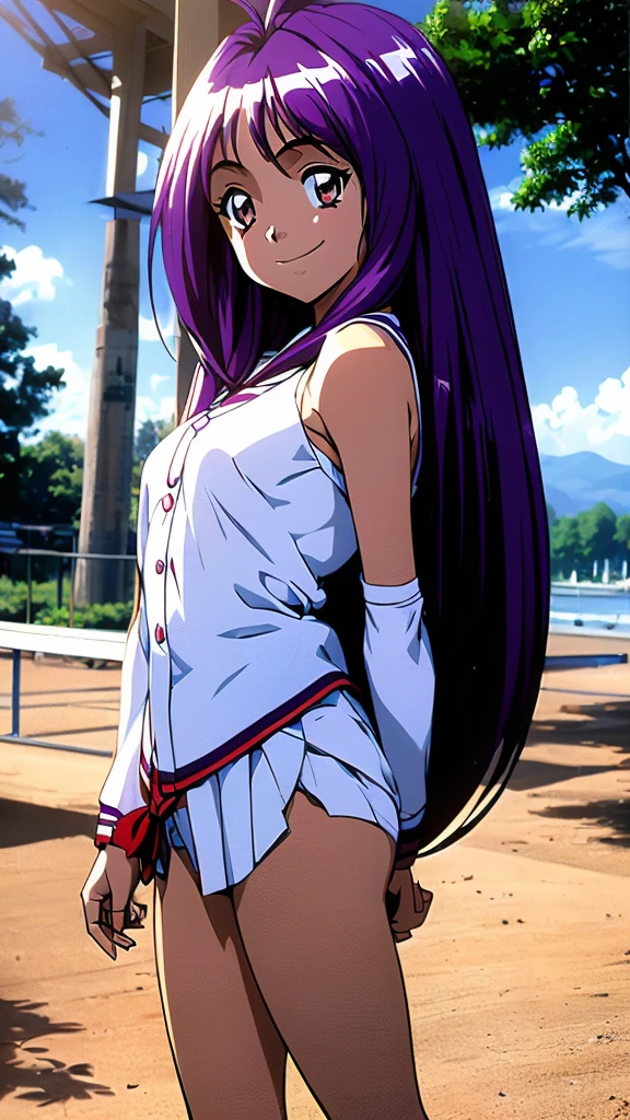 ( best quality , 8k, 32K, masterpiece,  super high definition:1.2), young energetic girl, Petite body, purple long hair,  white skin, Miyuki Kotobuki ,  elementary school students, Completely naked, Fun Smile, uniform, blue sky, sunny, Seaside