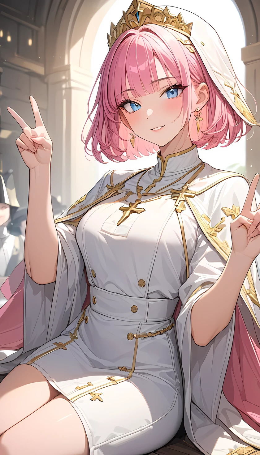 (((Best quality, 8k, Masterpiece: 1.3)), ((best quality)), ((masterpiece)), (detailed), perfect face, high detailed fingers, pink hair, short hair, tokin hat, tiara, Saint Lucia, Priest, Both hands making a V sign, robe, Big cross necklace, gold cross, Clerical clothing