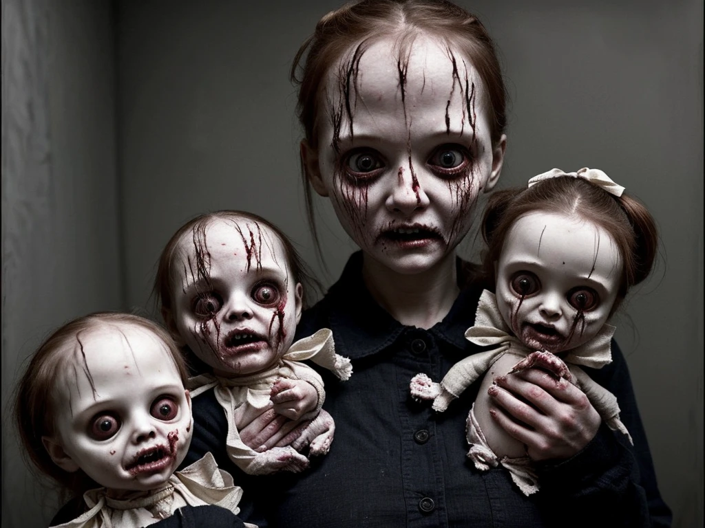  Loab, woman with three baby dolls in her arms, beautifully disturbing, creepy!!, weird and disturbing, horror, beautiful and terrifying, highly disturbing,  terrifying but fascinating, very disturbing, from horror movies, scary creatures,horror, putrid.