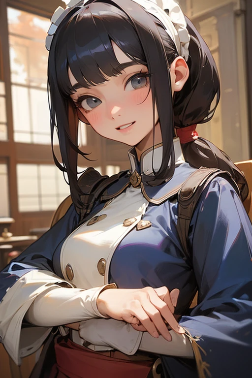 (       highest resolution       , Clear_image)    best quality  ,         single person      , One Woman, Alone, masterpiece,     very detailed   , semi-realistic,     Black Hair    のショートヘア,     Black Hair    , bangs, 18 years old, Mature, light blue uniform, uniform, Indoor Background, kind, Authoritative, Powerful, Elegant Features, Elegant Features、   long eyelashes、Show me your teeth、smile😀、Maid uniform、    ponytail、  Medium-breasted  、(( Surprised face )).