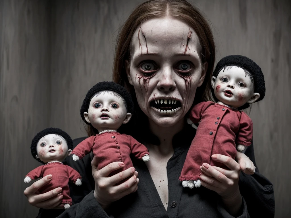  Loab, woman with three baby dolls in her arms, beautifully disturbing, creepy!!, weird and disturbing, horror, beautiful and terrifying, highly disturbing,  terrifying but fascinating, very disturbing, from horror movies, scary creatures,horror, putrid.