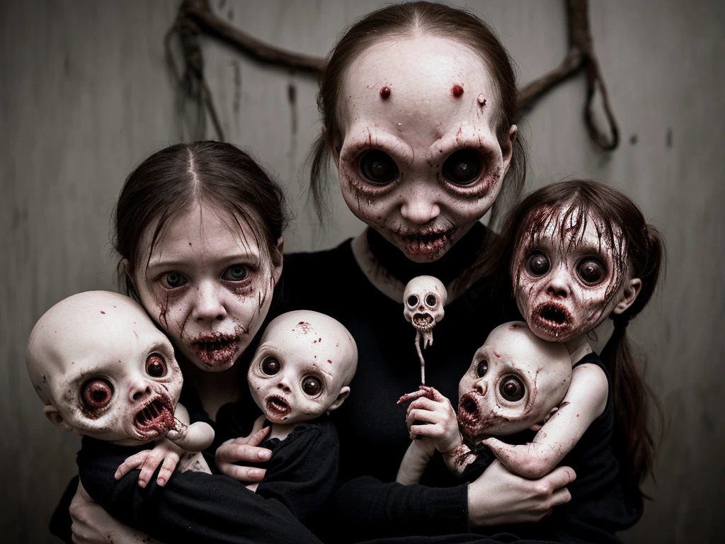  Loab, woman with three baby dolls in her arms, beautifully disturbing, creepy!!, weird and disturbing, horror, beautiful and terrifying, highly disturbing,  terrifying but fascinating, very disturbing, from horror movies, scary creatures,horror, putrid.