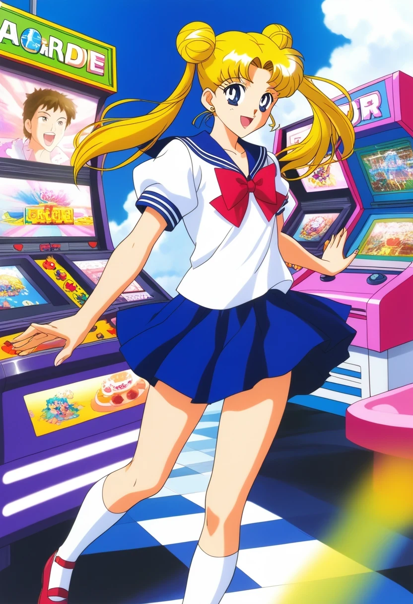 score_9,score_8_up,score_7_up,score_6_up,score_5_up,score_4_up,source_anime,
(masterpiece,highest quality,Super detailed,8k,High resolution,an extremely delicate and beautiful,Official Art,Perfect Anatomy:1.5),((90s anime,90s anime style,Cel-shaded anime,anime screencap,anime coloring:1.25)),(solo:1.5),
perfect face,beautiful,sexy,athletic body,shiny skin,
((aausagi:1.52)),double bun,twintails,long hair,blonde hair,parted bangs,blue eyes,school uniform,serafuku,pleated skirt,shoes,socks,bowtie,blue sailor collar,red bow,blue skirt,
 (arcade machine amusement park background , (blur background) , arcade machine) , arcade game center background , crowd , she (play arcade machine) , excited behavior , (look towards the viewer)