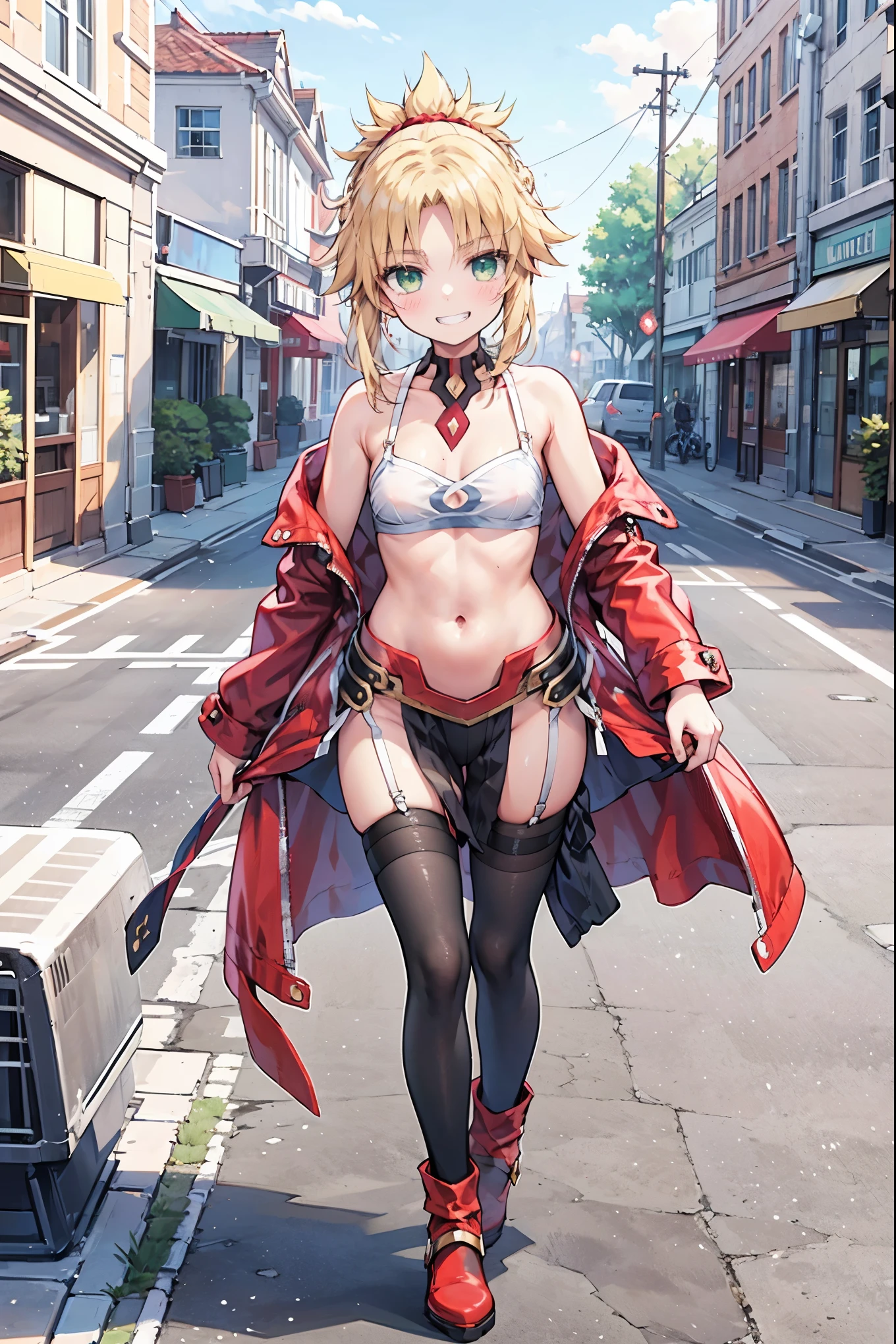 best quality, integrated scenery, integrated background, extremely delicate and beautiful, meticulous details, good composition, cute face, perfect face, perfect hands ,Masterpiece, Best Quality, illustration, city street, 1girl, Mordred \(fate\), collarbone, Detailed blond hair ponytail braid, green eyes,, White tubetop ,pelvic_curtain,navel,thigh-high,grin,(covered_nipples:0.6),skiny,big_smile,solo,boots,thigh-highs,groin