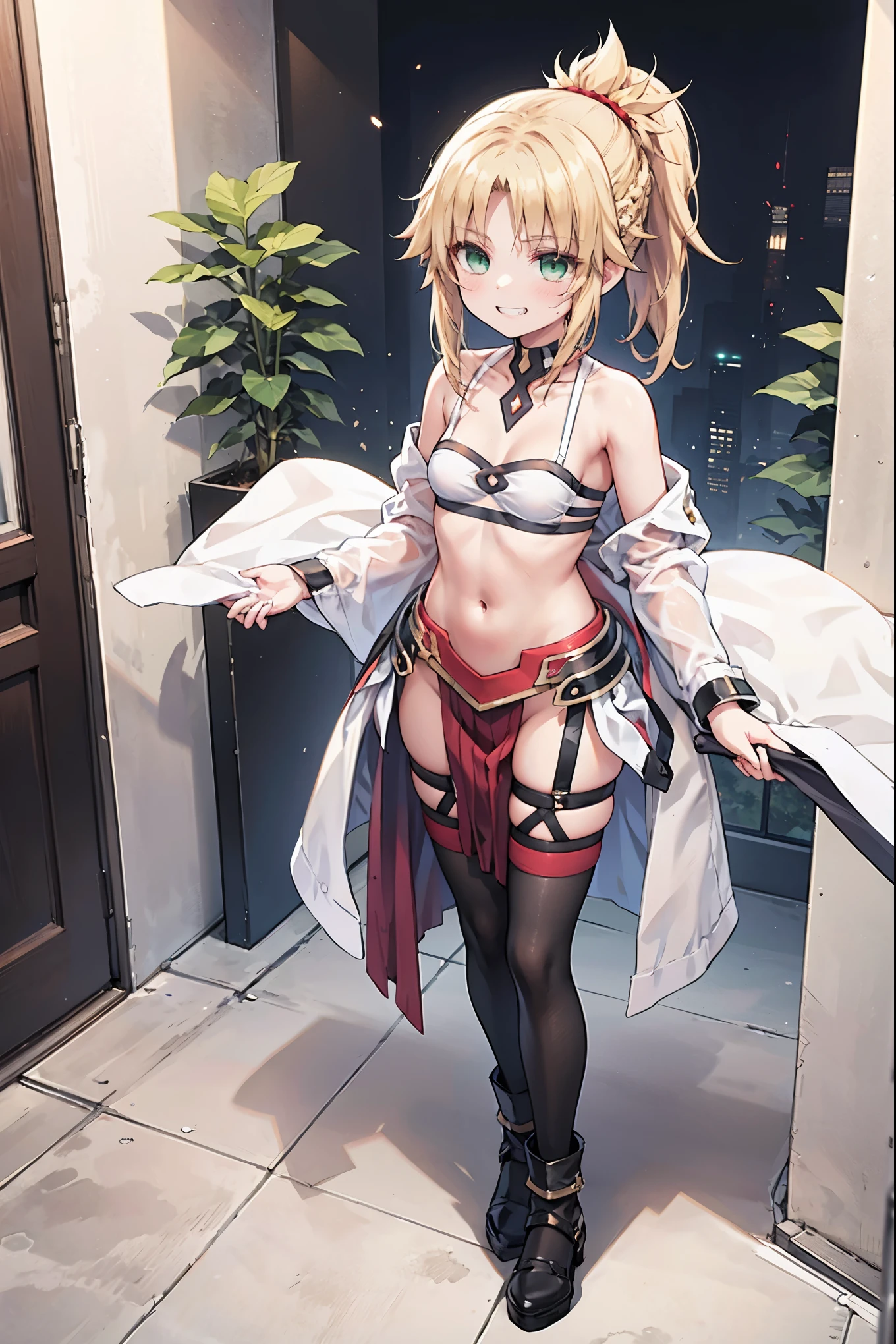 best quality, integrated scenery, integrated background, extremely delicate and beautiful, meticulous details, good composition, cute face, perfect face, perfect hands ,Masterpiece, Best Quality, illustration, city street, 1girl, Mordred \(fate\), collarbone, Detailed blond hair ponytail braid, green eyes,, White tubetop ,pelvic_curtain,navel,thigh-high,grin,(covered_nipples:0.6),skiny,big_smile,solo,boots,thigh-highs,groin