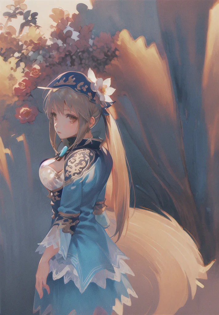 ((masterpiece, best quality)), 1girl, flower, solo, dress, holding, sky, cloud, hat, outdoors, bangs, bouquet, rose, expressionless, blush, blonde hair, floweeld, red flower, brown eyes, blue dress, looking at viewer, hand touching the hat,midium hair, holding flower,large breasts, red rose, holding bouquet, sun hat, white headwear, depth of field,