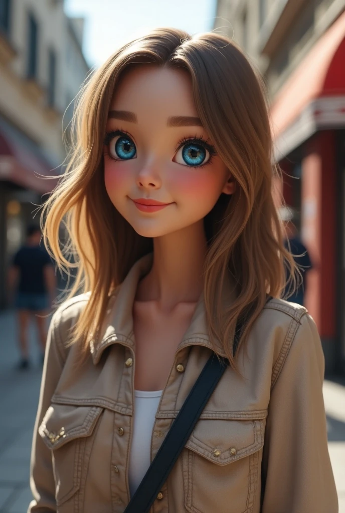 Blonde girl 8 year long hair harzel eyes with your brunette dad Brown eyes and mom Green eyes long blonde hair in London street 8k ultra realistic image