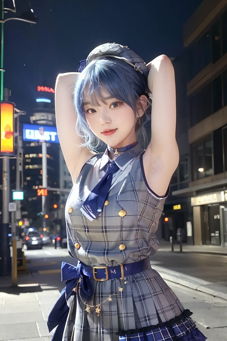 (((best quality,4k))),armpit focus,1girl,standing,arm up,light smile,gray checkered dress,buttons,blue choker,blue necktie,golden bracelet,blue belt,gray checkered beret,black kneehighs,dark blue hair ribbon,light blue hair,short hair,side pony tail,curly hair,street