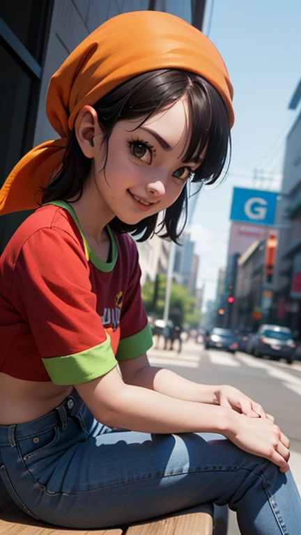 Pan, 1girl, solo, smile, red shirt, jeans, bandana, black Hair, sitting,, (acclaimed, alluring, captivating, exciting, gorgeous, striking:1.3), (trending on CGSociety, trending on pixiv, contest winner:1.3)