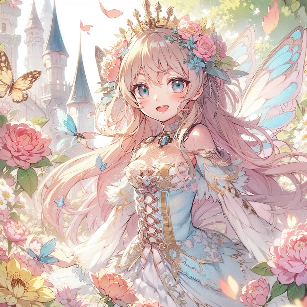 　(Exquisite, beautiful, Very detailed, masterpiece, high quality,High resolution),(Well-formed face,Soft and thin lines: 1.2, A mature, beautiful and delicate illustration with a sense of transparency., Pixiv-inspired anime illustration,Cute pastel-colored girl illustrations that go viral among Japanese people on ),A fairy princess with butterfly-like wings is walking with a smile in a gorgeous garden filled with flowers.,whole body,Princess's Castle,flower,flower petals,(Transparent fairy wings grow from your back), (Dazzling Smile), (tiara, Earrings, choker), Ball Gown Dress,Ribbons, lace and frills, (,Large Bust,Fair skin, Good style),Bright colors,Eye-catching colors,Dynamic Angles