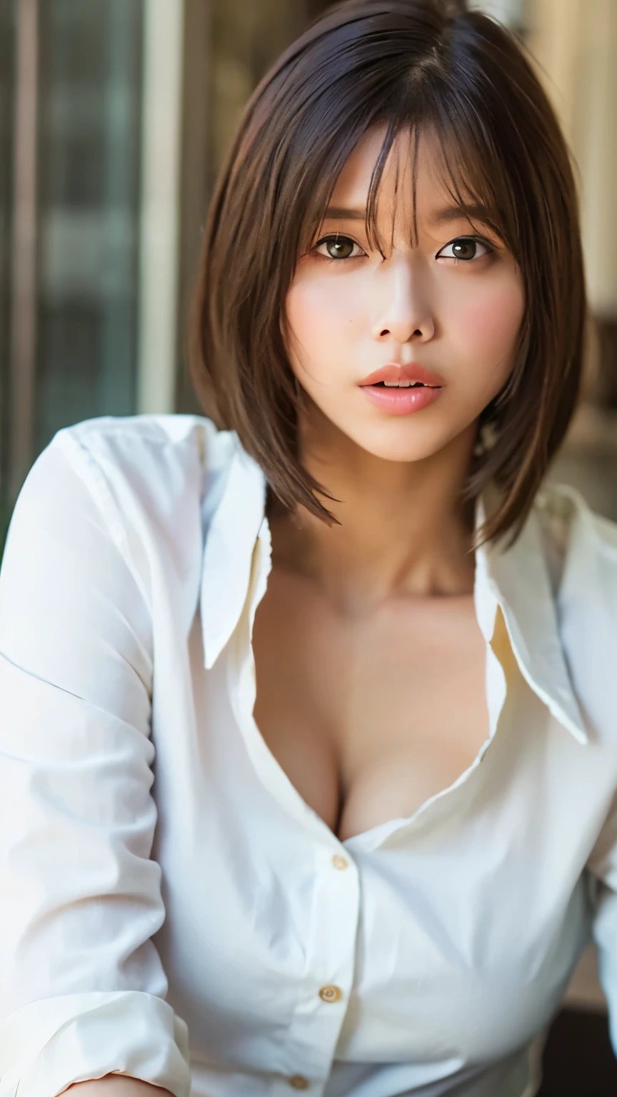 ((Best Quality, 8k, masterpiece: 1.3)), sharp: 1.2,  perfect body beauty : 1.4,  slim abs : 1.2, (( layered hairstyle , Big Breasts: 1.2)), (濡れた White Button Long Shirt: 1.1), (nude: 1.2), Close face: 1.5,  high definition face and skin texture ,  beautiful eyes, double eyelid, Viewed from the side towards the camera