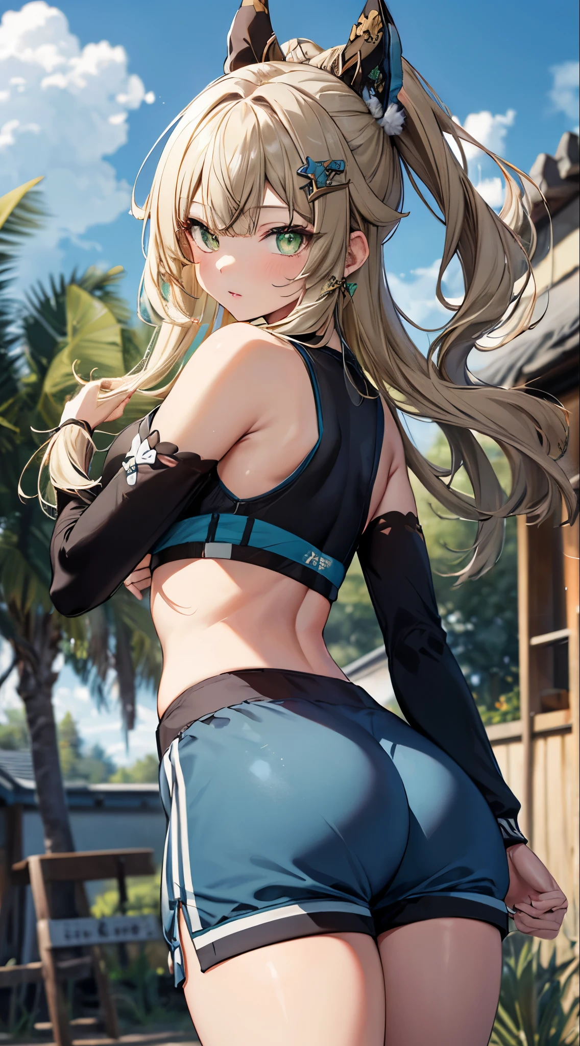 
kirara, genshin impact,1 girl, green eyes, blonde hair hair ornament, bare shoulders, black crop top,green jacket, Sportswear shorts, standing, outdoors, masterpiece, Noise Reduction, perfect anatomy, high resolution, ultra-detailed, ultra-detailed face ,beautiful detailed eyes, perfect body, visual art, sparkling pupils, looking back at viewer, (((big ass)))
