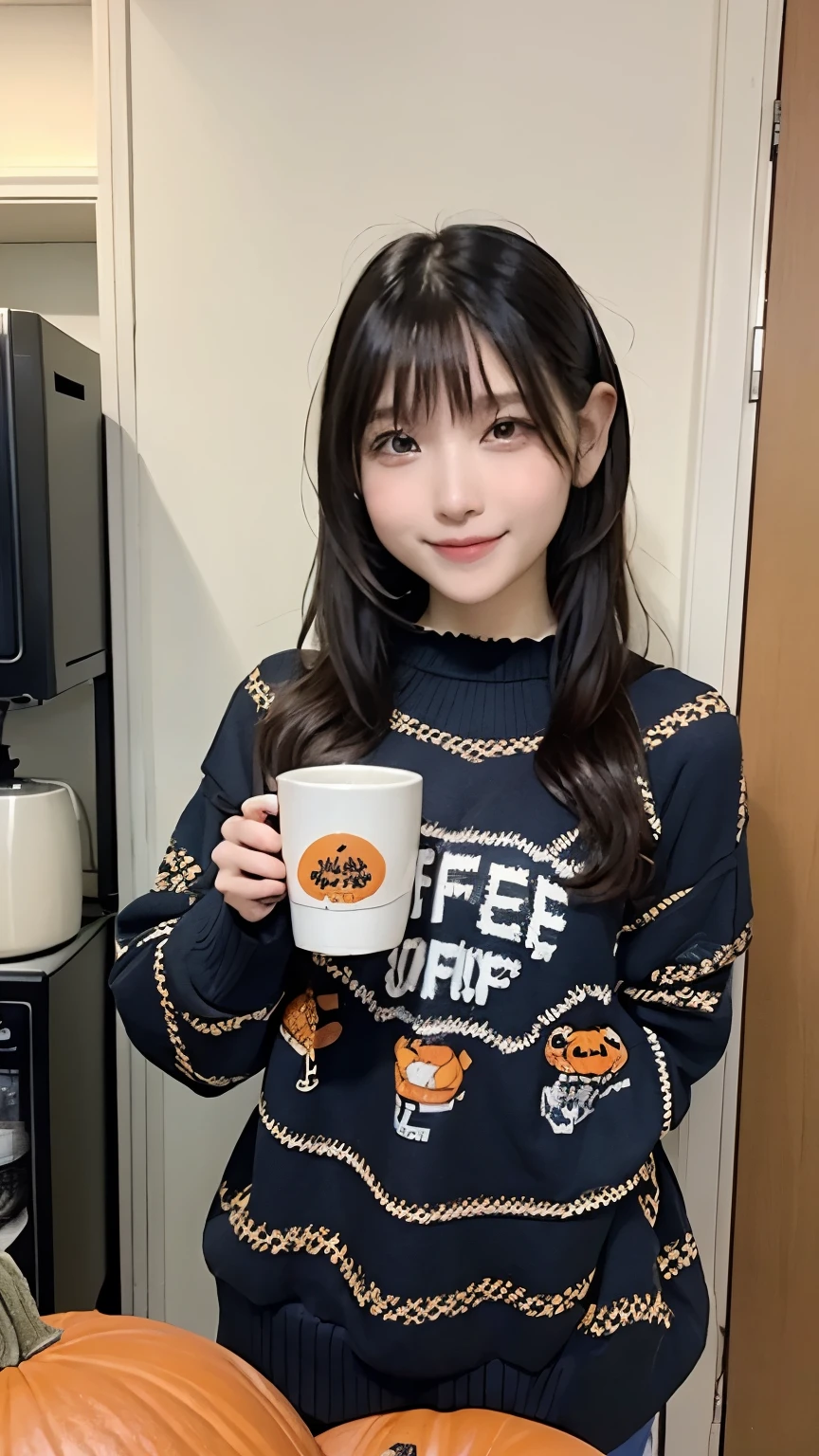 A room decorated for Halloween、halloween sweater, Cute Sweater、state of the art coffee maker、 cute high school girl