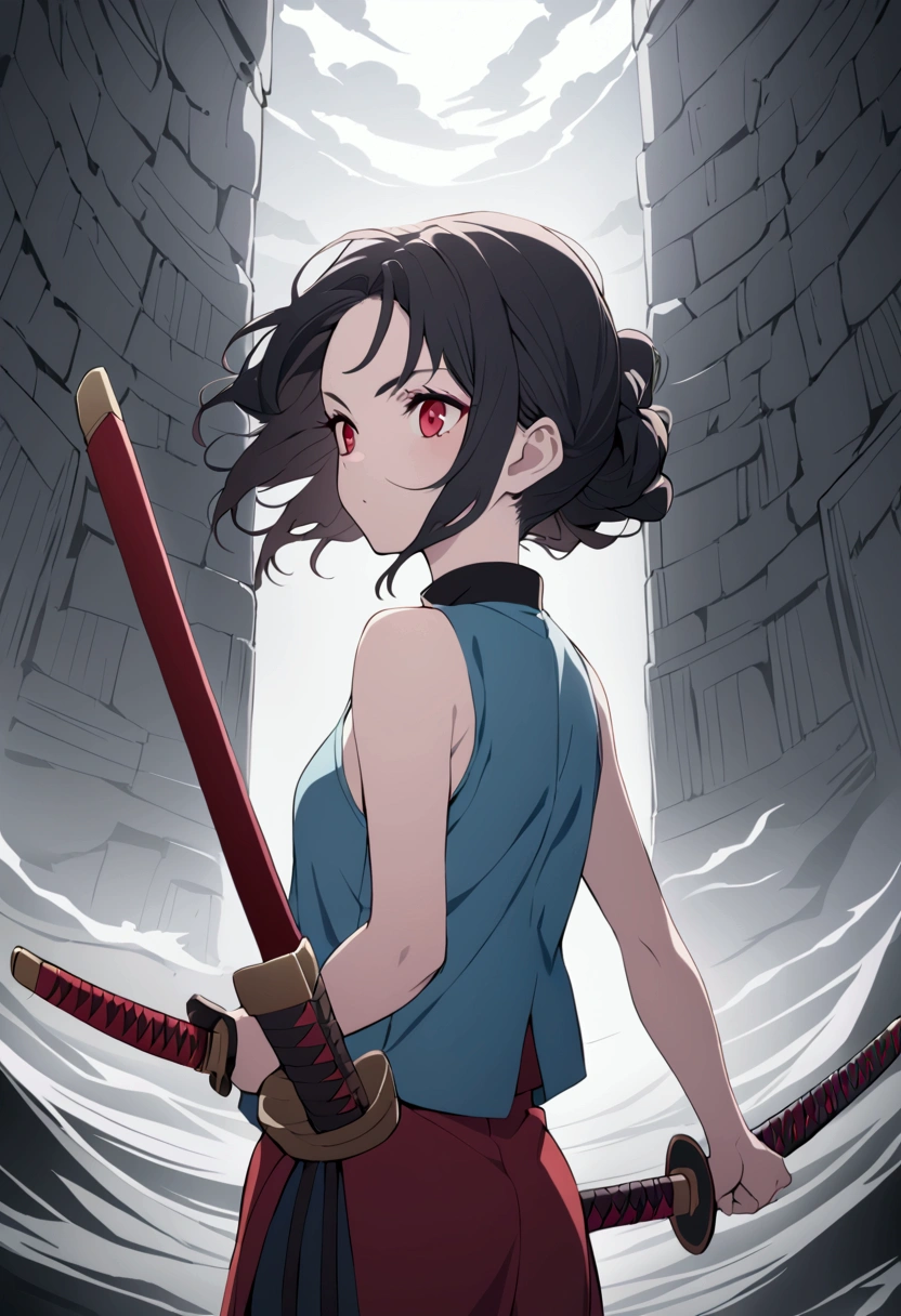 Japanese girl in the style of Kimetsu no Yaiba, with medium length black hair and dark blue tips, wearing an open demon slayer uniform and a blue tank top, red eyes, a confident but intense look, standing and looking to the left, holding a katana with both hands ( (masterpiece ))