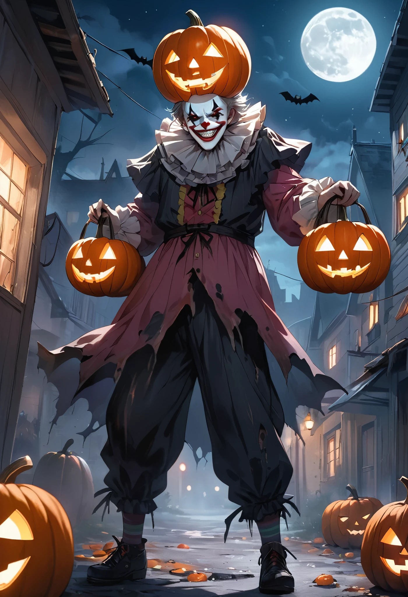 masterpiece, best quality, ultra-detailed, vivid colors, aggressive tone, Halloween-themed. In the eerie silence of a ghost town, a cursed clown in tattered, colorful garb stands in the deserted main street, a wicked grin on his face as he juggles glowing, cursed pumpkins. His makeup is runny and exaggerated, with deep, dark eyes that seem to follow you. The buildings around him are old and decrepit, with peeling paint and broken windows, enhanced by the dim glow of the moon casting long, ominous shadows. The clown's movements are both mesmerizing and terrifying, as he tosses the pumpkins higher and higher, his laughter echoing off the empty walls, filling the night with a chilling atmosphere.