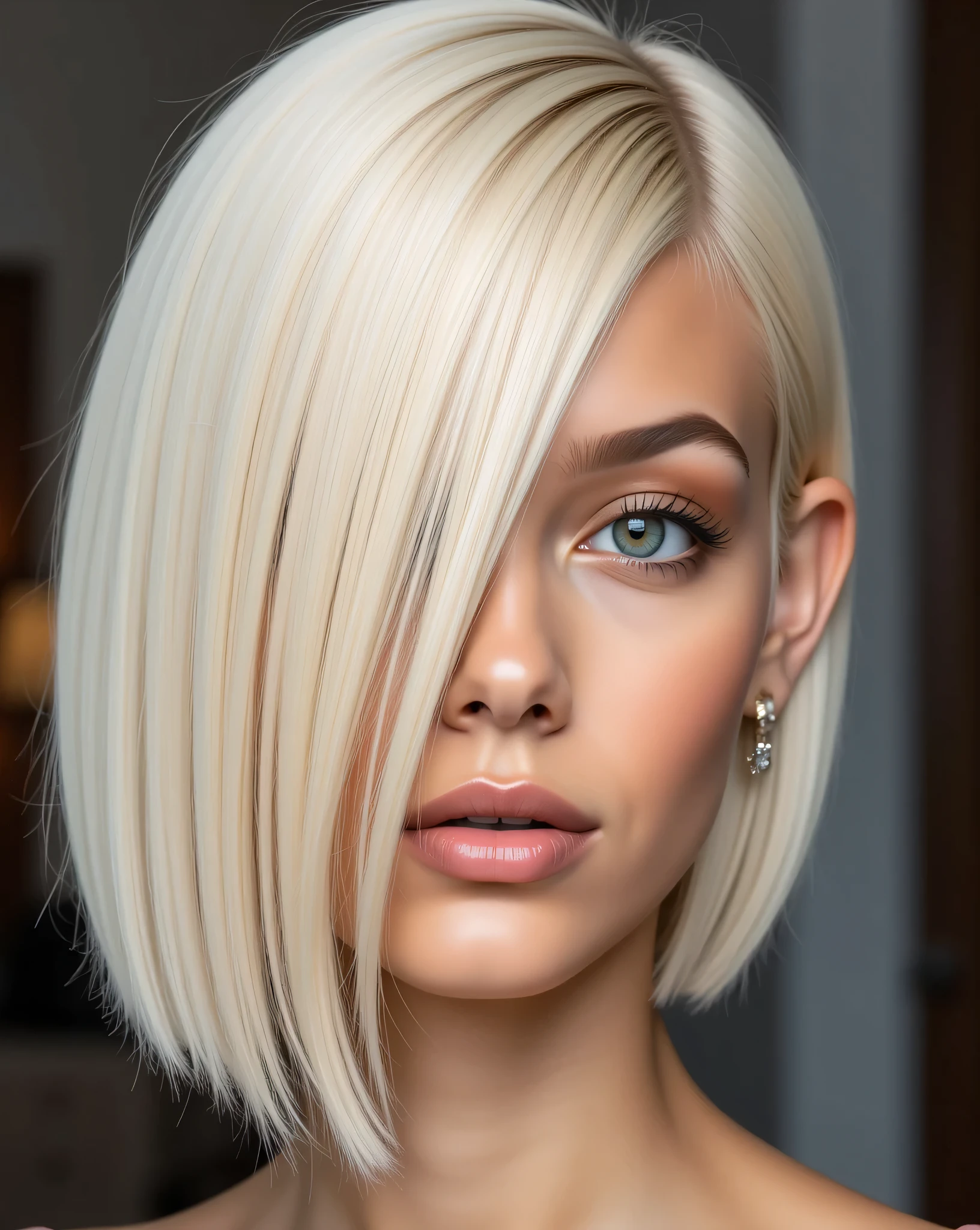 Portrait of Nexia a young woman with a striking asymmetrical haircut:
Hair is parted slightly off-center, with the longer side sweeping across the left side of her face, partially covering her eye. ((The right side is tucked behind her ear)), revealing more of her face. Hair length is just above the face, with the ends perfectly straight and blunt cut. The platinum blonde color is uniform and bright, with a subtle warm undertone. The overall look is edgy, modern, and stylish, with the blonde color adding a bright, striking effect.
Image style: High-fashion editorial, ultra-sharp focus, hyper-realistic detail