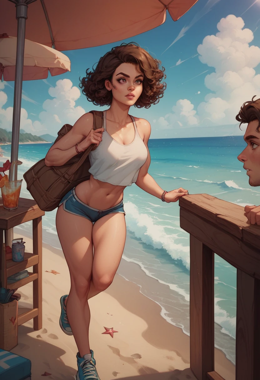 score_9,score_8_up,score_7_up,score_6_up, BangaloreXL,brown eyes, standing, full body, short curly hair, solo, light smile, black bikini, beach setting