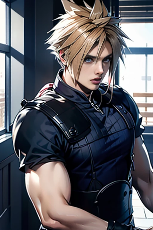 (Highly detailed CG), ( best quality ), (Highly detailed CG), ( best quality ), (Cloud Strife), (Overall view) Huagai ,SWAT Clothing,  beauties, 18 years old,  Lean and muscular,  with a cool and handsome face, Sharp Eyes