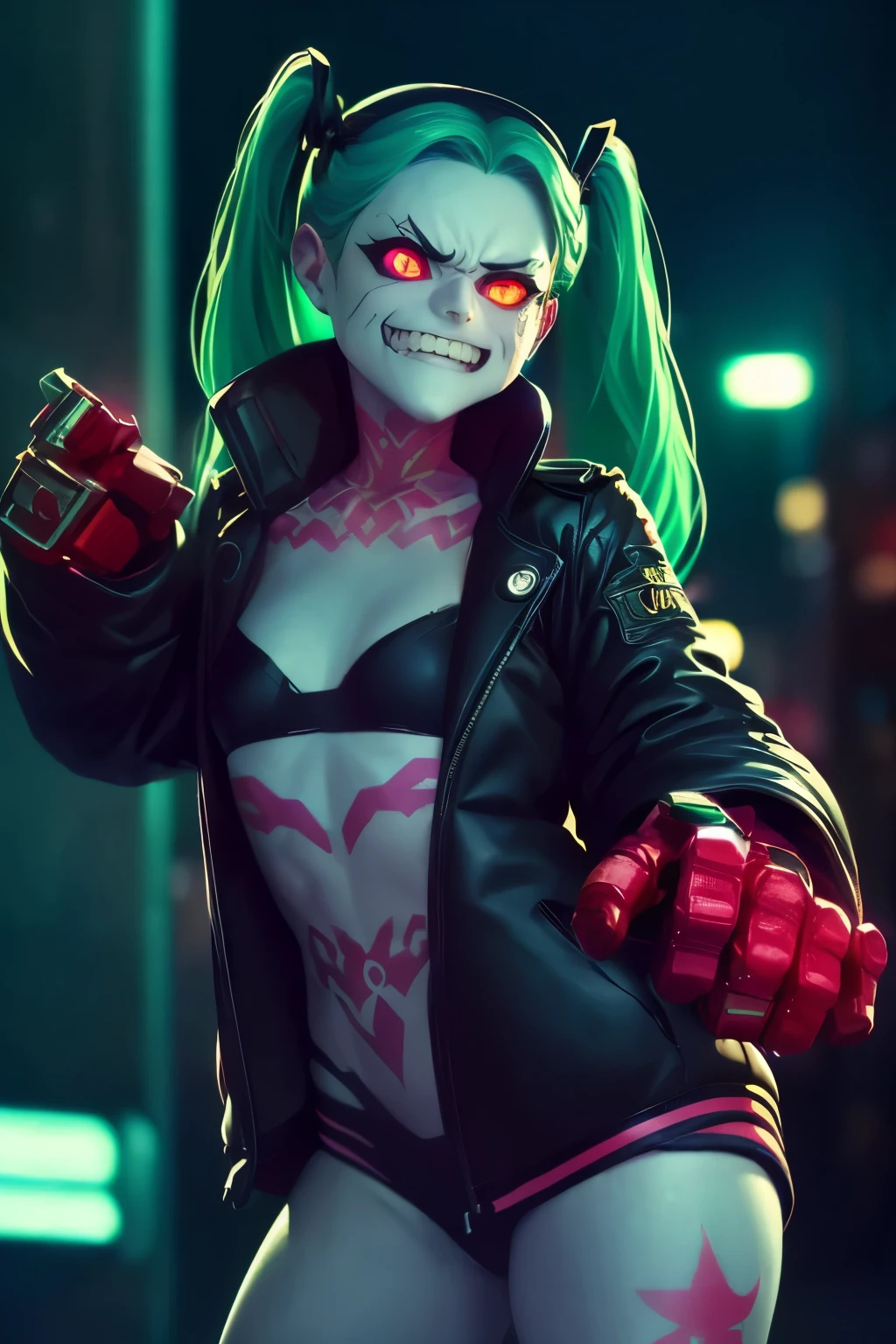 Rebecca, 1girl, young girl, 1 , futuristic cyberpunk, lewd grin, (twin tail, hairband, colored sclera, red sclera, green hair, green pupils, fang, red eyes, wearing a little sexy clothes, black croped jacket ), ((skinny body, tattoo)) , ((Showing hand:1.4)), ((psycho face, creppy smiling. Angry face )), cinematic, ultra highly detailed, beautiful details, vivid, saturated colors, filigree detailed, tiny details, pop surrealism, cowboy shot. hyper-realistic style, highly detailed textures, reflective and glossy surfaces, cinematic lighting, neon lights reflecting off her skin, urban cyberpunk cityscape in the background, (vivid colors), (high contrast), (sharp focus), (bokeh effect in the background), (moody atmosphere), (digital painting style), (masterpiece: 2), best quality, ultra highres, original, extremely detailed, perfect lighting. ((Abandoned urban wall background ))