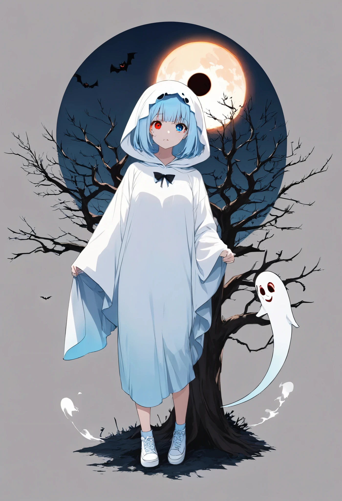 kawaii style,1girl,full body,blue eye and red eye,halloween ghost costume,horror,smoke, rotten tree, solar eclipse, halloweencoser,growing eyes