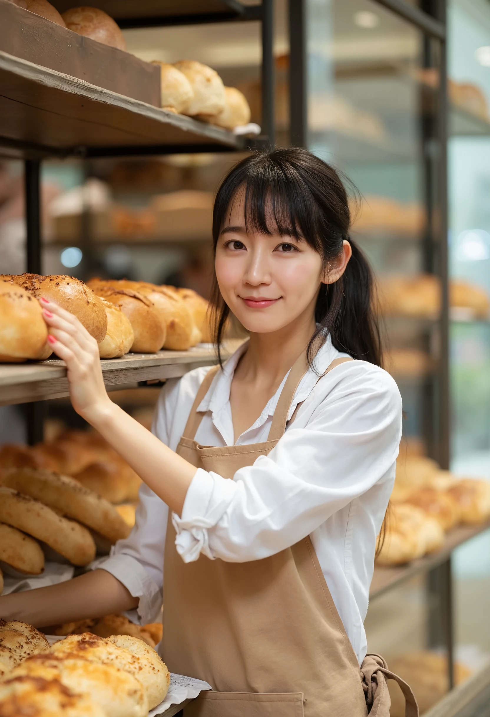 A bright, fine-art style photograph of a young slender East-Asian woman with cute face and bangs ,working in a bakery. She is dressed in a light brown apron tied neatly at the back, over a simple white blouse with rolled-up sleeves, giving her a refined yet approachable appearance. Her long, dark hair falls naturally over her shoulders as she engages in her task with a warm and inviting expression. Her soft, porcelain-like skin is illuminated by the gentle natural light streaming through the bakery, adding to the overall warmth and charm of the scene. The bakery is filled with an assortment of freshly baked goods, all meticulously arranged behind the woman in neat rows on glass shelves. The rich browns and golden hues of the various breads and pastries create a beautiful contrast against the modern, clean glass and metal display cases. The different shapes and sizes of the breads are visually appealing, ranging from small, round buns to larger loaves, each one expertly crafted. The woman holds up a golden-brown pastry in one hand, as if presenting it to the viewer, her smile calm and welcoming. Her other hand rests delicately on a tray of bread, adjusting the display with care and precision.