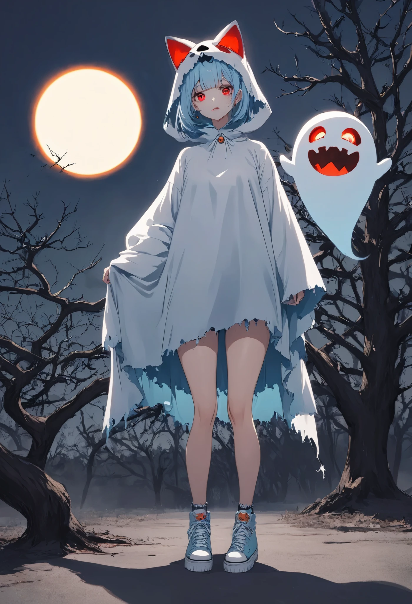 kawaii style,1girl,full body,blue eye and red eye,halloween ghost costume,horror,smoke, rotten tree, solar eclipse, halloweencoser,growing eyes